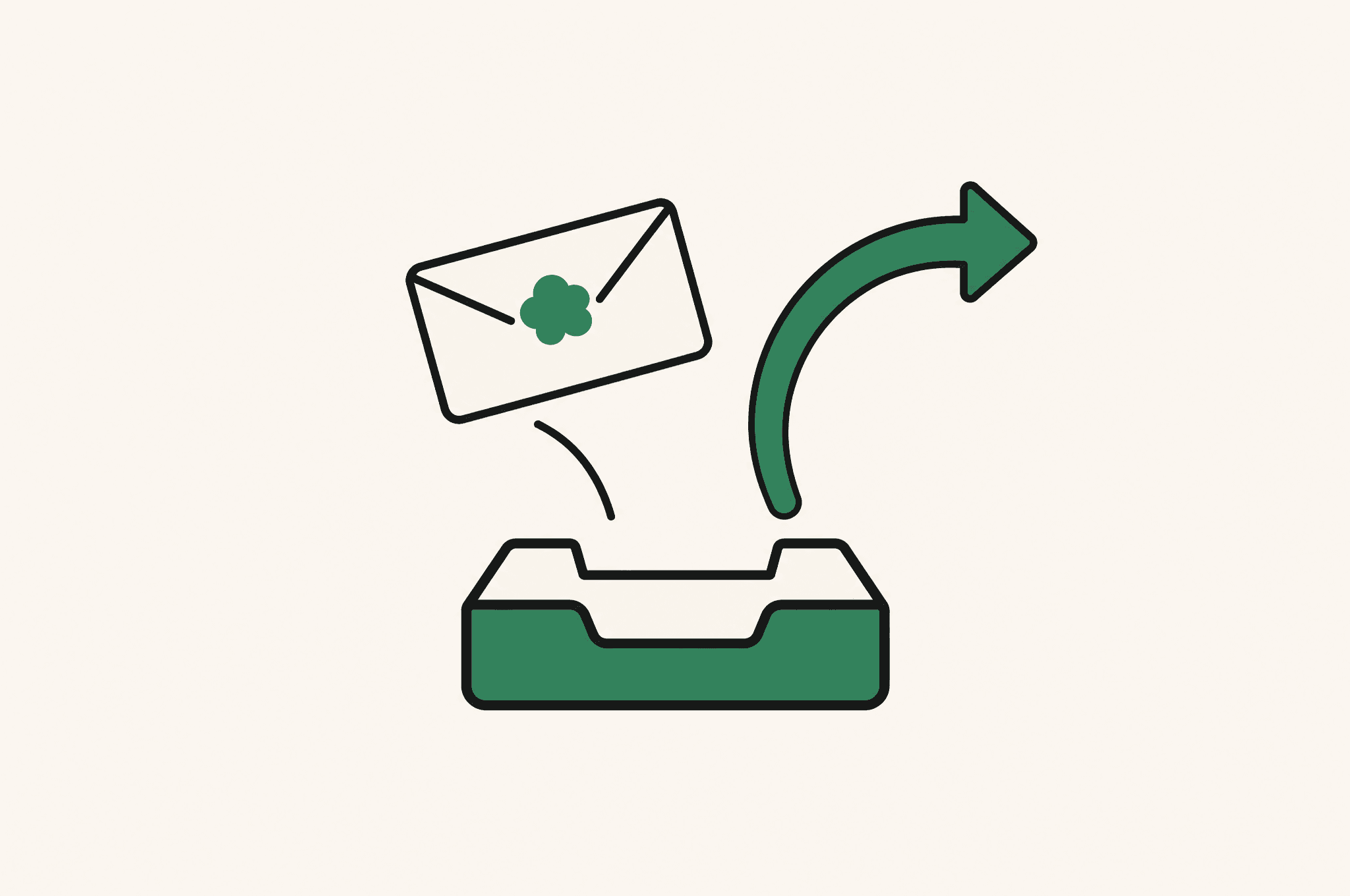 A flat illustration of a single envelope marked with the Revnu clover landing in an inbox and triggering a reply arrow.