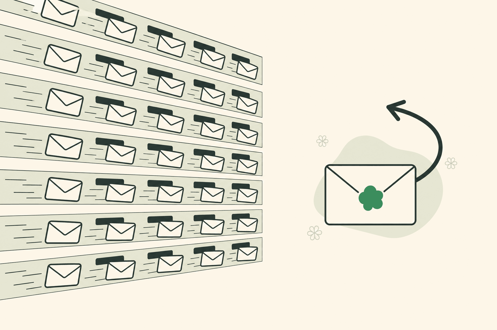 A flat illustration of a wide bank of mail slots with envelopes streaming into them, and to the side a single envelope marked with the Revnu clover with one bold reply arrow curving back out.