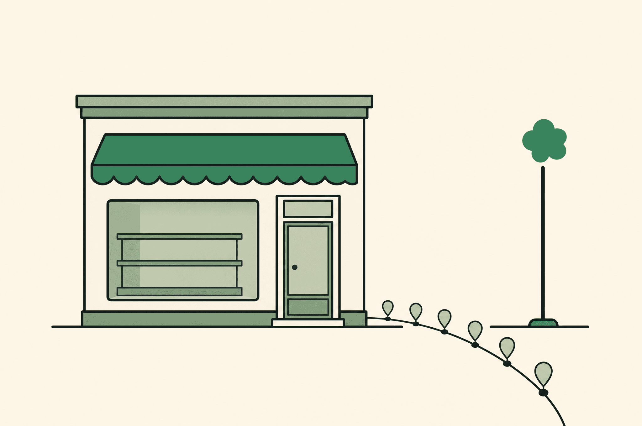 A flat illustration of a well-built empty storefront window on a quiet street, with a clover-marked signpost at the roadside drawing a line of small visitor markers toward the door.