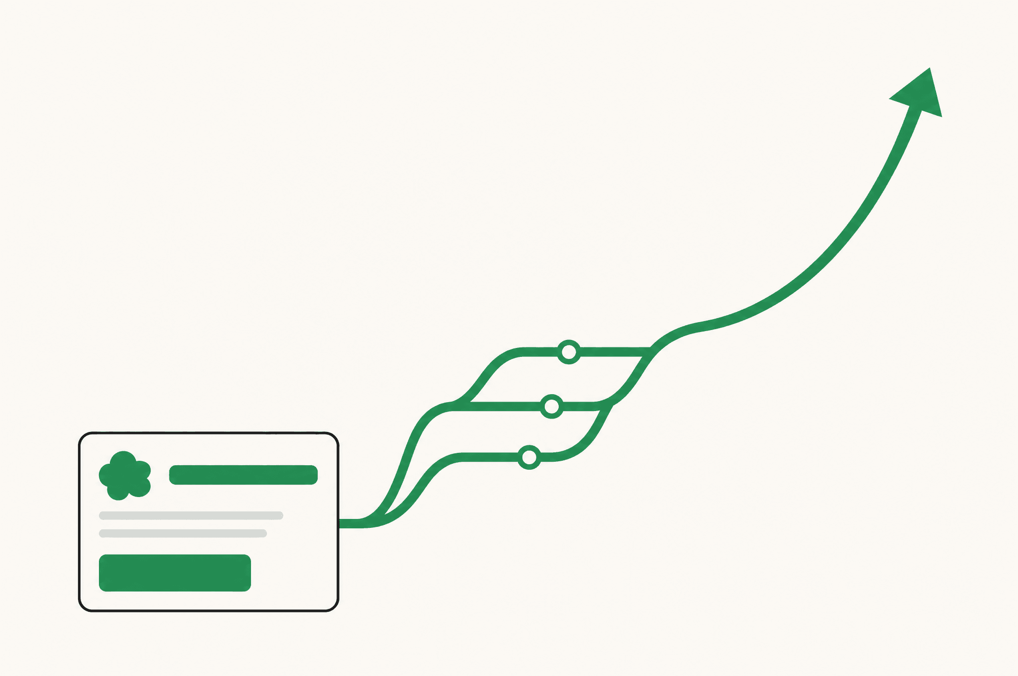 A flat illustration of a landing page with the Revnu clover and an upward conversion curve formed from A/B test variants.