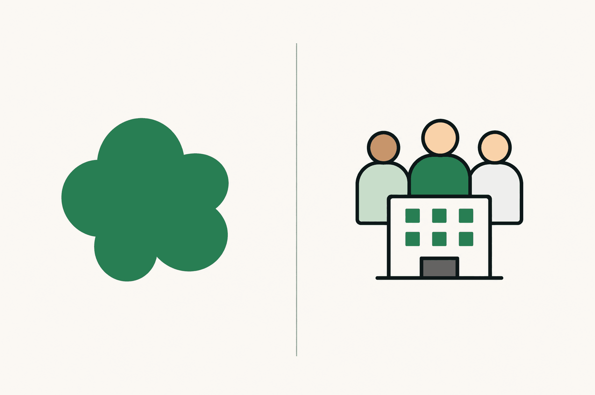 A flat illustration of the Revnu clover on one side of a balance scale, weighed against a small agency office on the other.