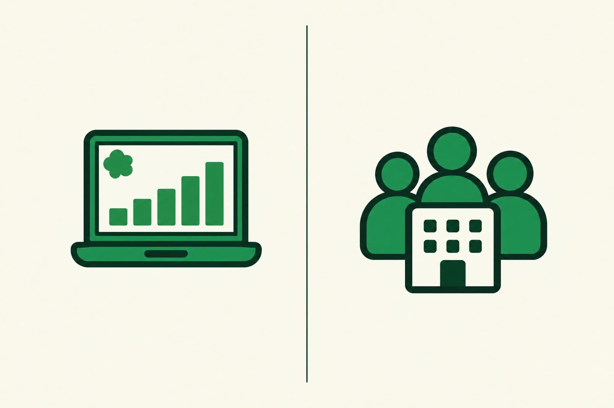 A flat illustration of a laptop showing steadily rising results side by side with an agency team in an office.