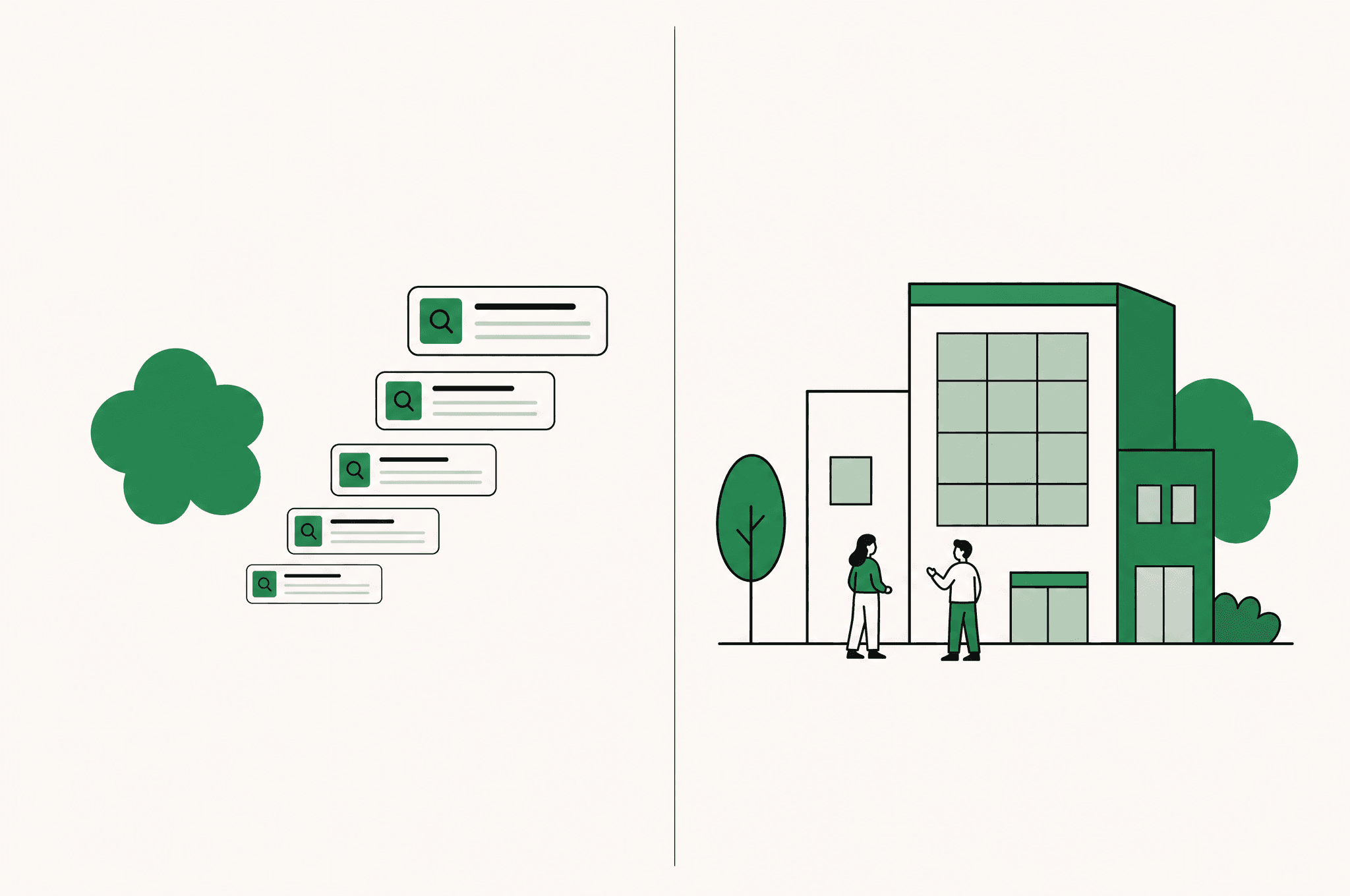 A flat illustration of two paths splitting from the Revnu clover, one toward an AI agent and one toward an agency team.
