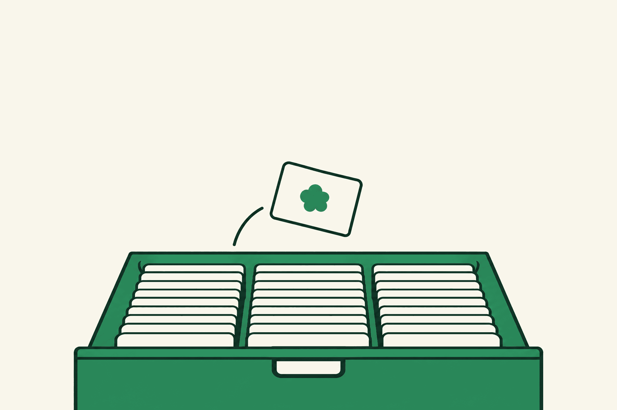 A flat illustration of an open drawer of identical index cards seen from above, with one card carrying the Revnu clover lifting out of the drawer.