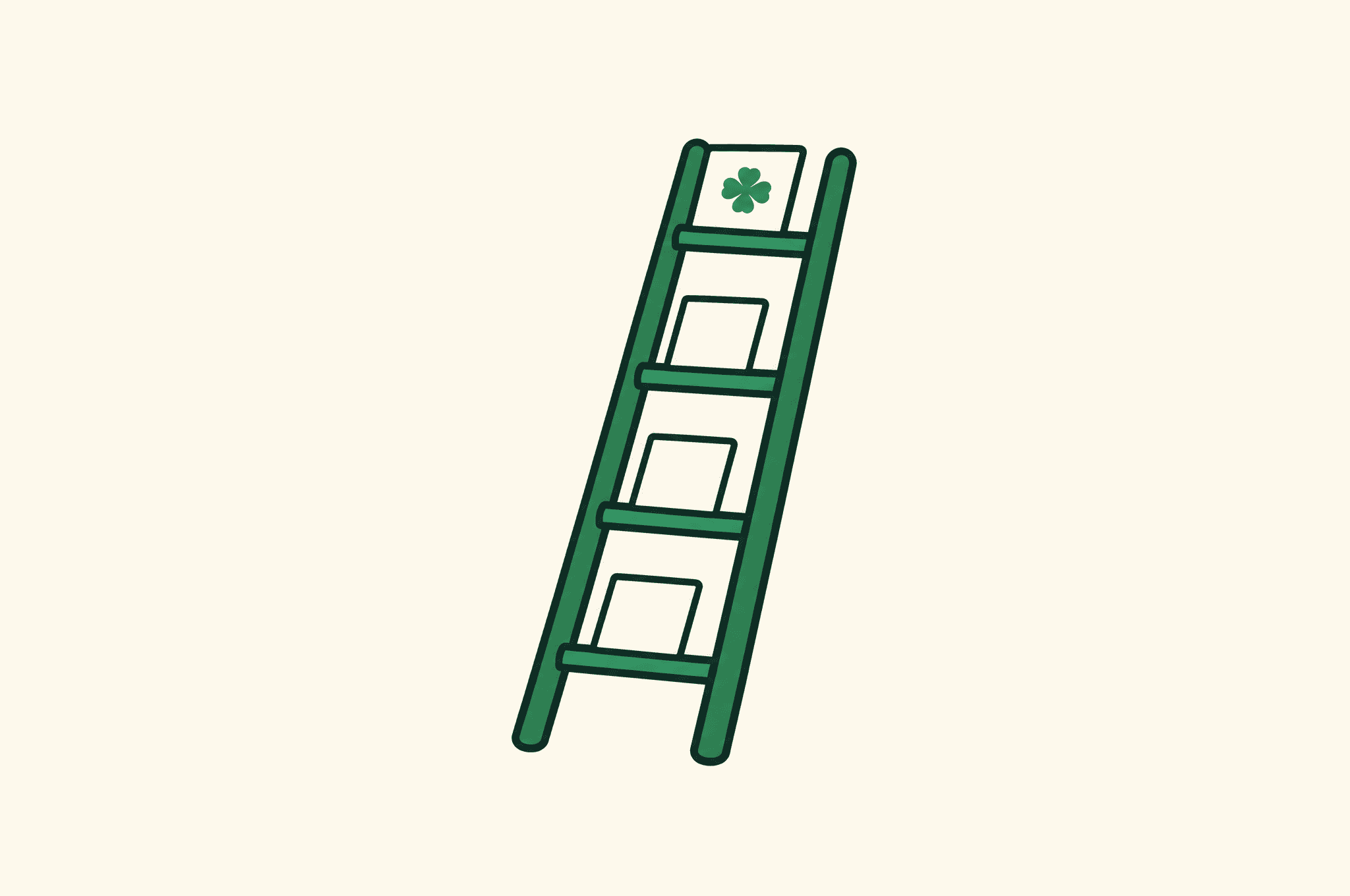 A flat illustration of a simple ladder leaning against an invisible wall in side view, with a page card carrying the Revnu clover on the top rung and plain empty page cards resting on the lower rungs.