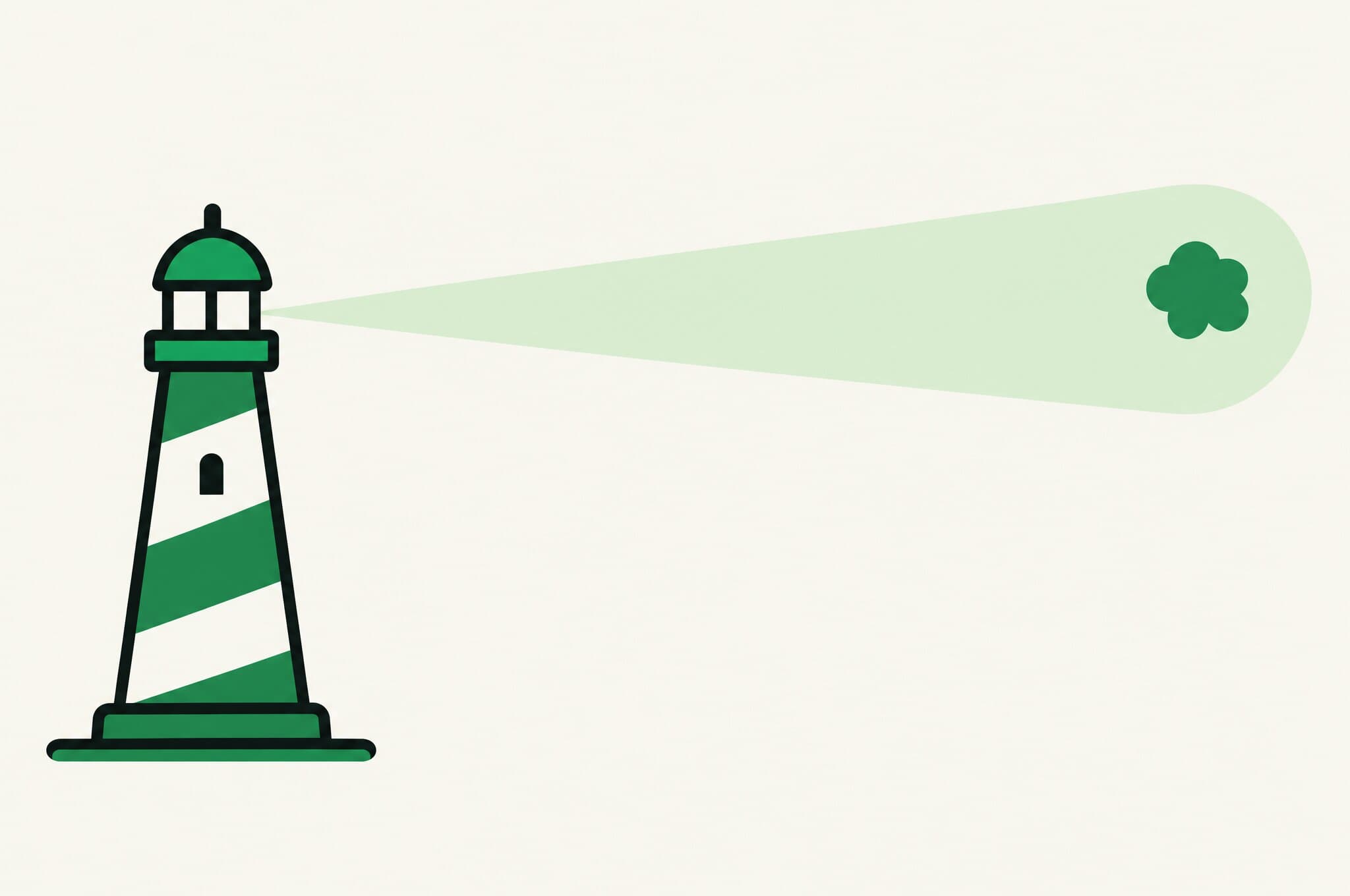 A flat illustration of a lighthouse whose single beam sweeps across an empty field and lands on the Revnu clover, the only thing lit.