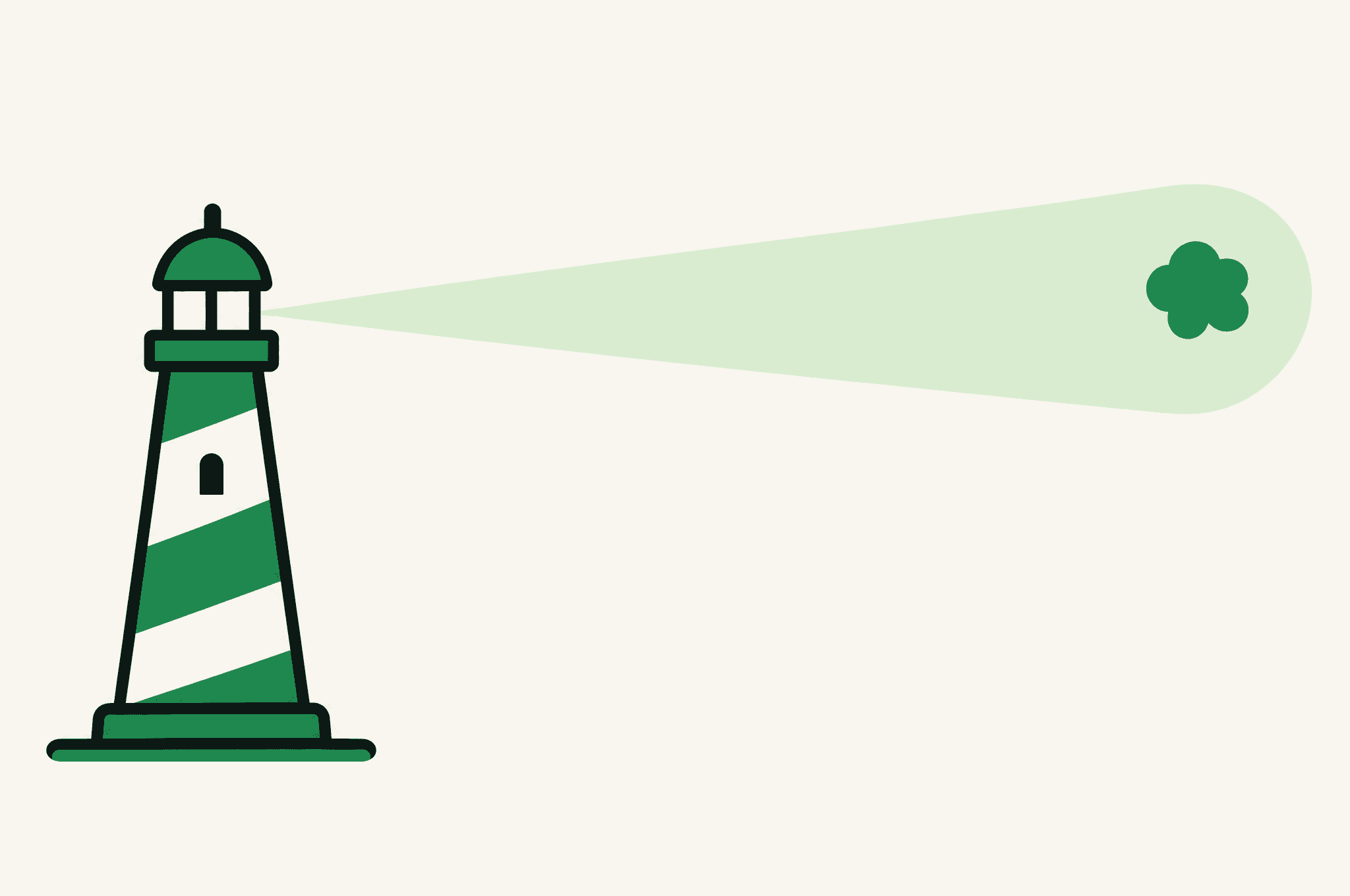 A flat illustration of a lighthouse whose single beam sweeps across an empty field and lands on the Revnu clover, the only thing lit.