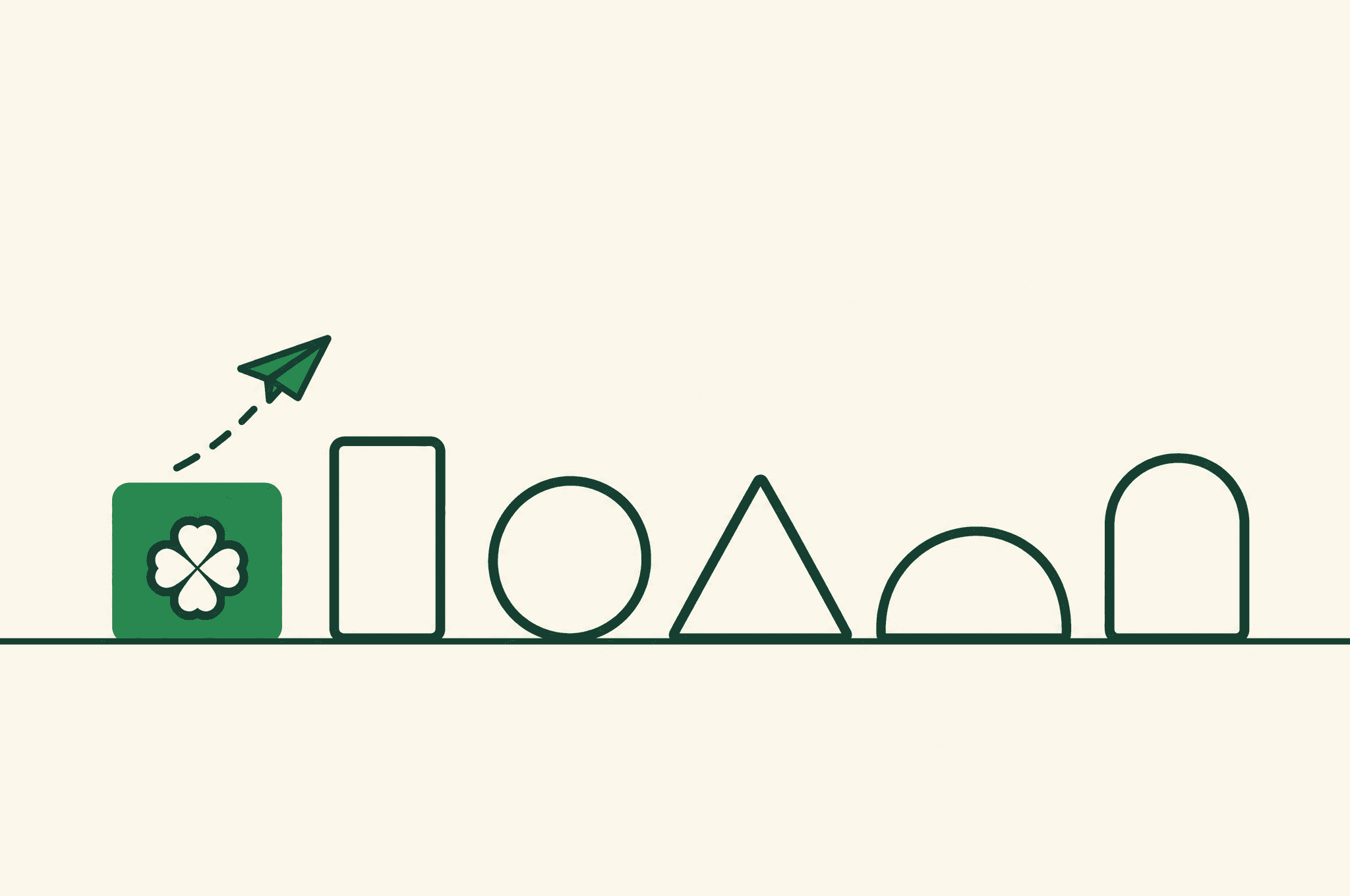 A flat illustration of six building blocks standing in a row like options on a shelf, the first one solid with the Revnu clover on its face and a paper plane rising from its top.