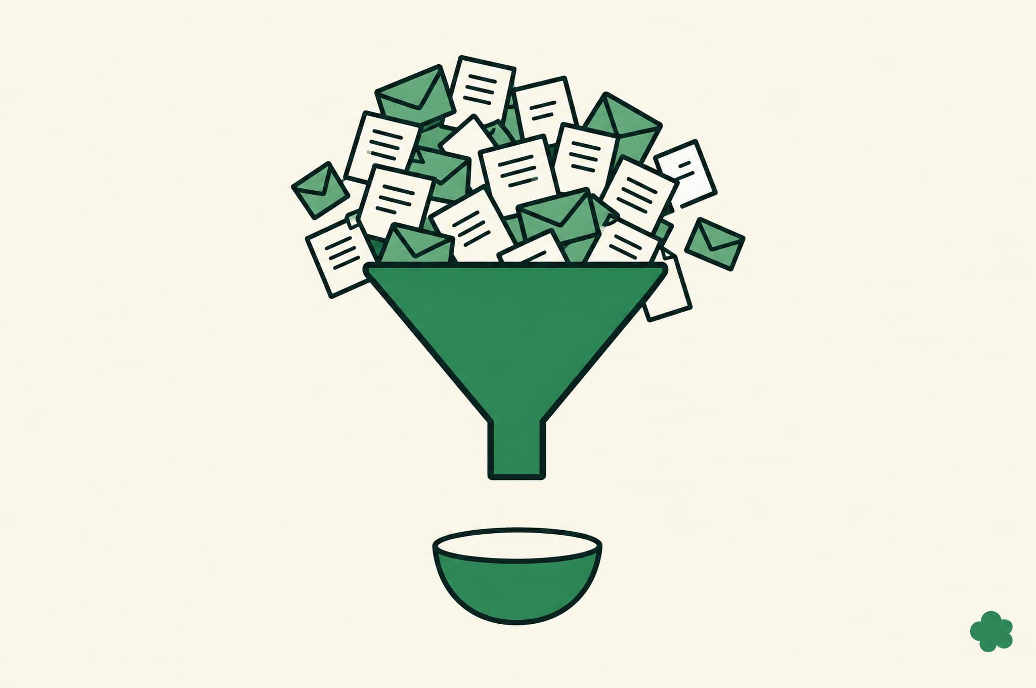 A flat illustration of a sales funnel overflowing with emails and documents, with an empty bowl beneath its spout, and the Revnu clover as a small mark in the corner.