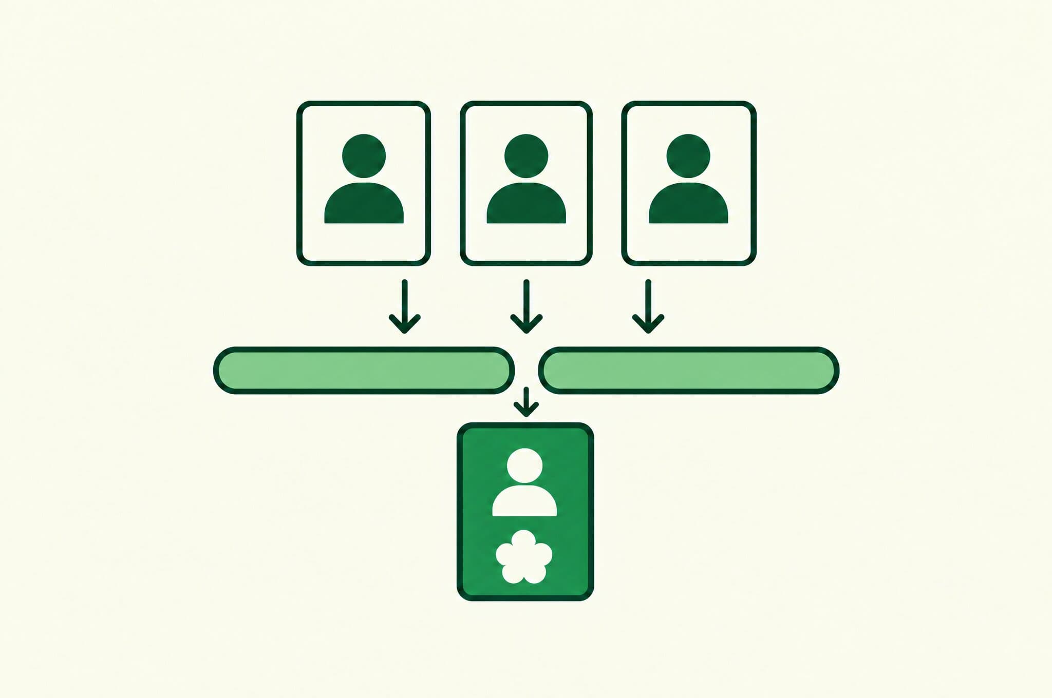 A flat illustration of three candidate cards meeting a barrier, with only one passing through as the chosen hire.