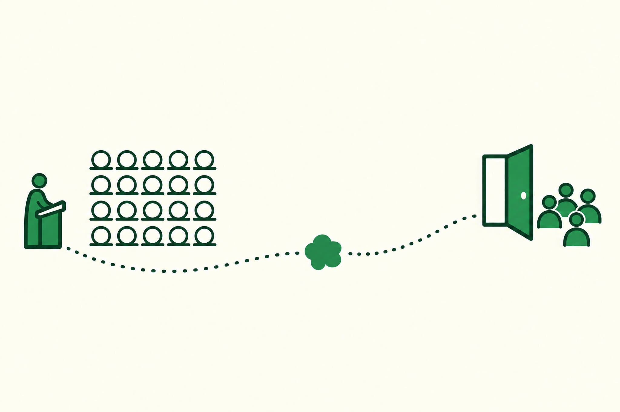 A flat illustration of a speaker facing empty seats while a path leads out through an open door to the people waiting outside.