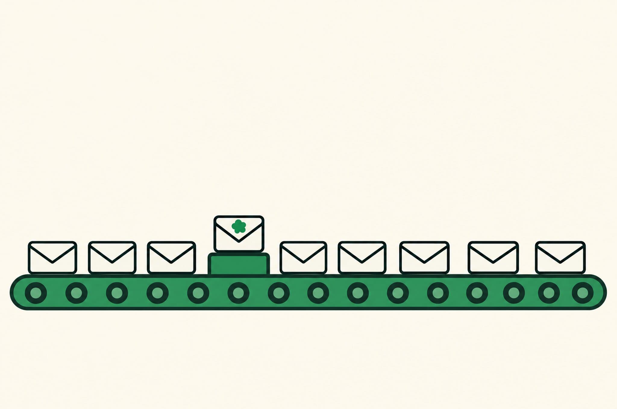A flat illustration of a conveyor belt carrying a long row of identical envelopes, with one envelope marked with the Revnu clover lifted onto a plinth above it.