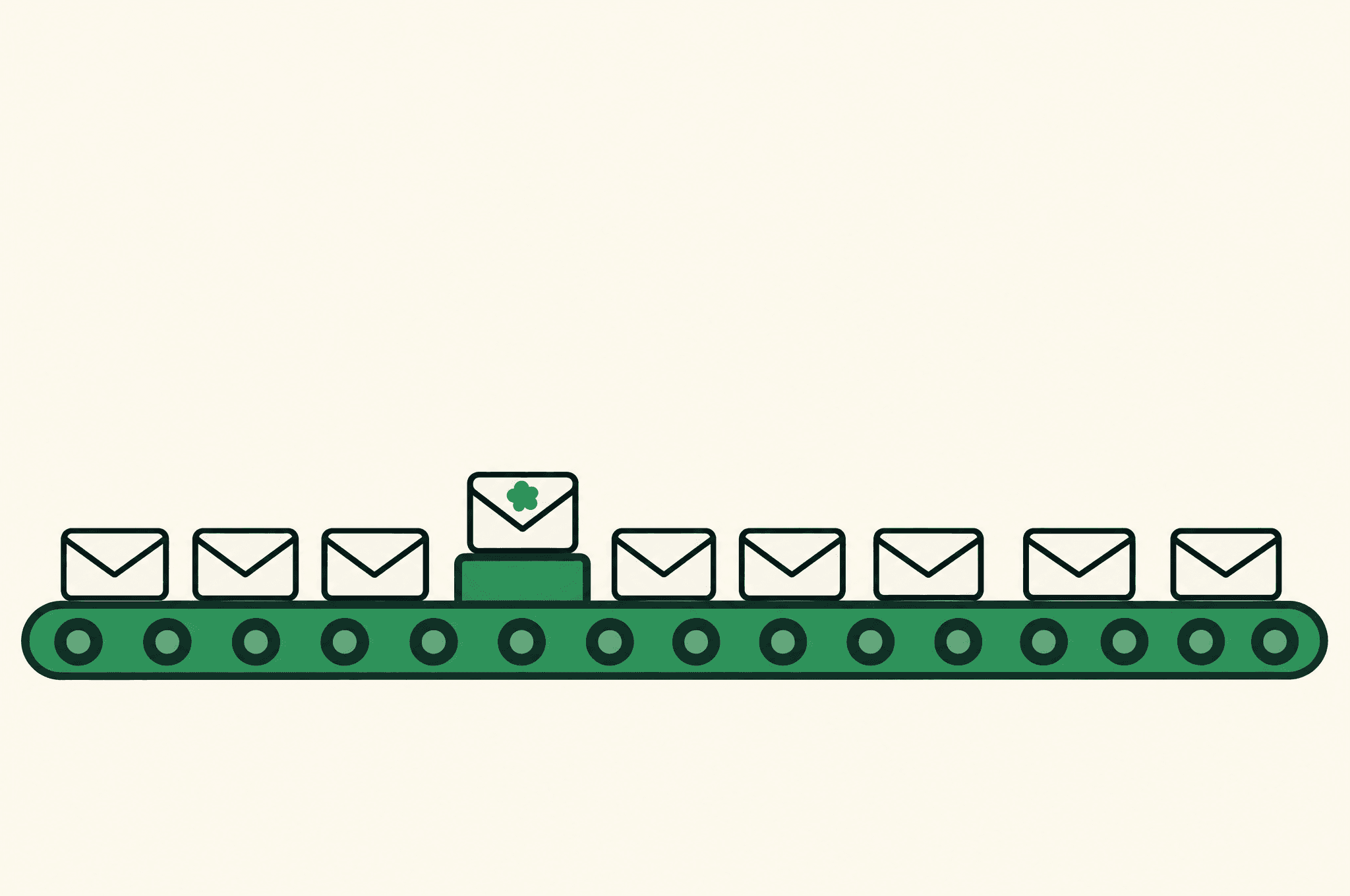 A flat illustration of a conveyor belt carrying a long row of identical envelopes, with one envelope marked with the Revnu clover lifted onto a plinth above it.