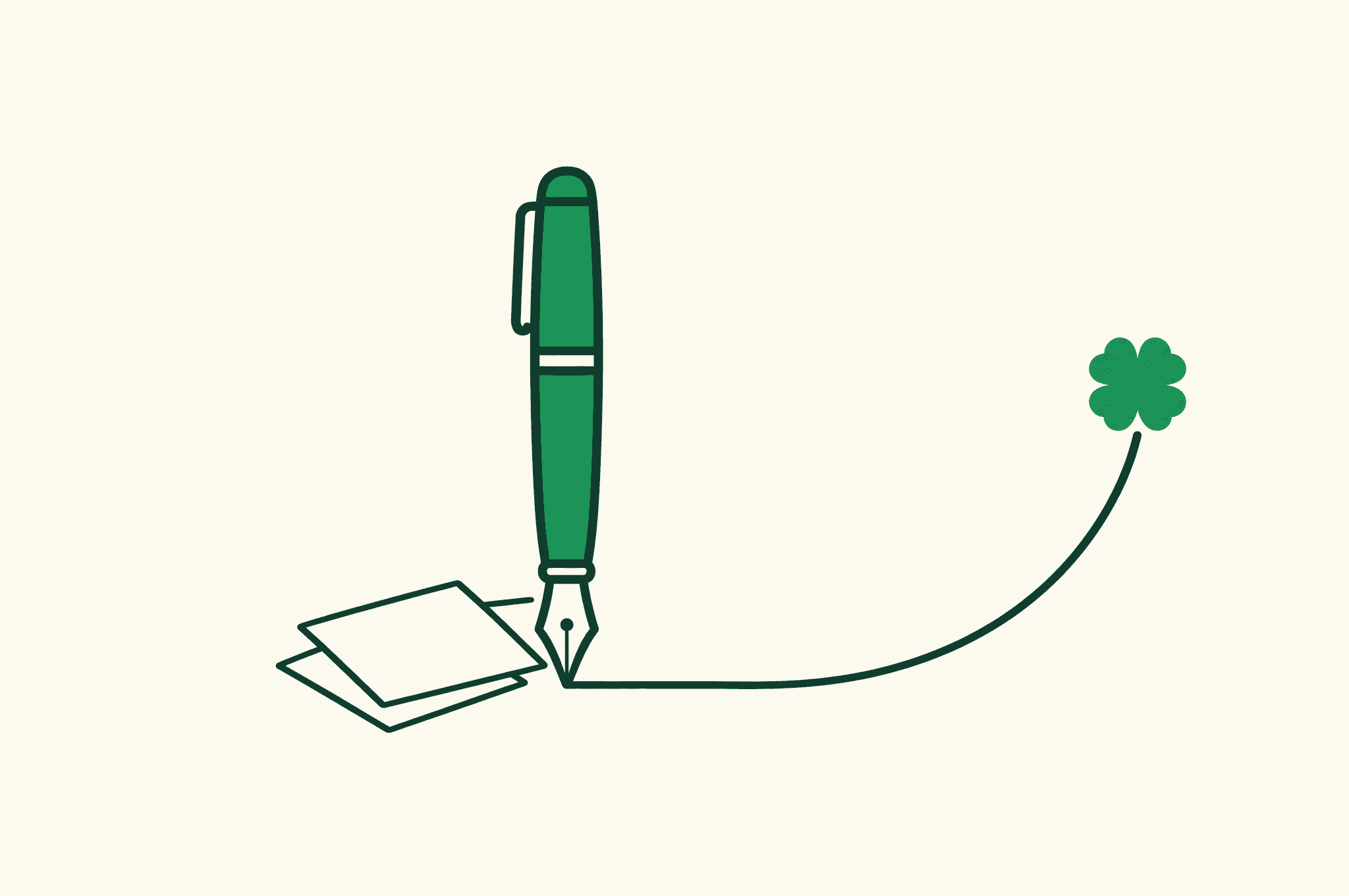 A flat illustration of a fountain pen standing on its nib, drawing one long line that bends upward into a rising curve ending at the Revnu clover, with a few blank page cards resting unused at the pen's base.