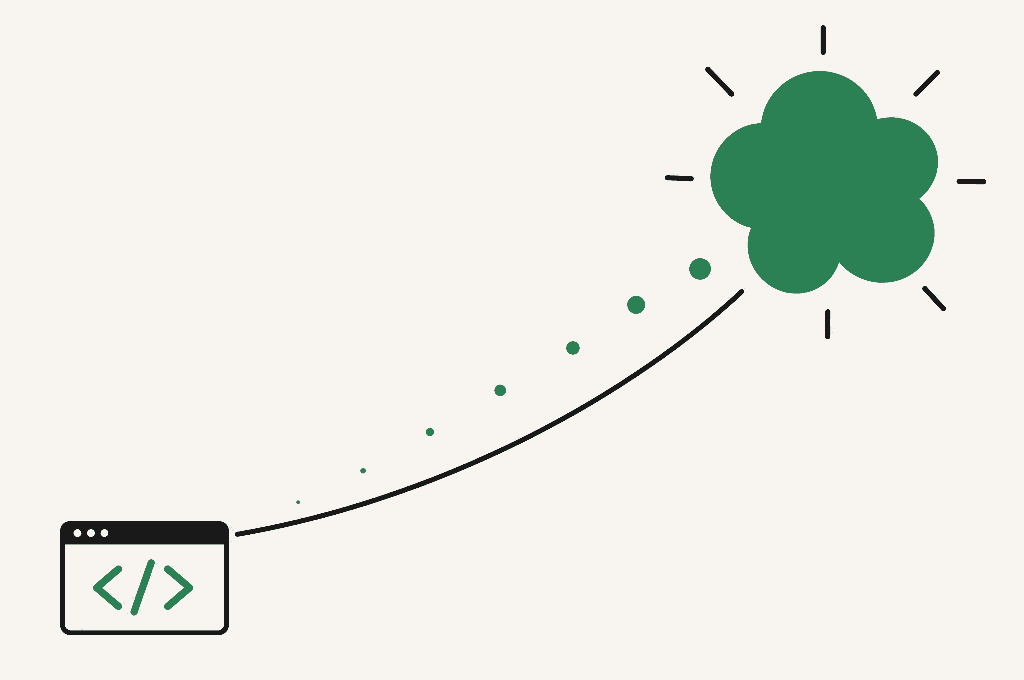 A flat illustration of a terminal window and a megaphone connected by the Revnu clover, suggesting code turning into customers.