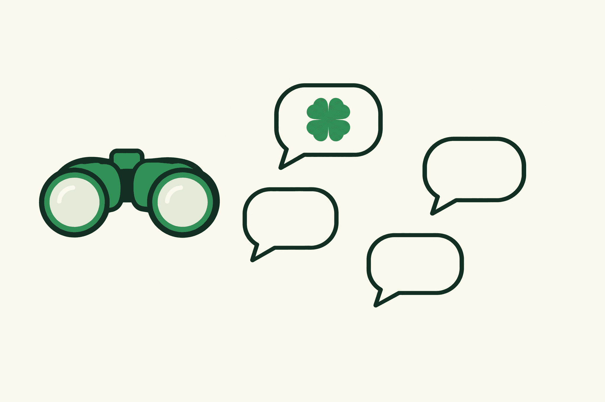A flat illustration of binoculars looking at four floating speech bubbles, the highest of which holds the Revnu clover while the others are empty.