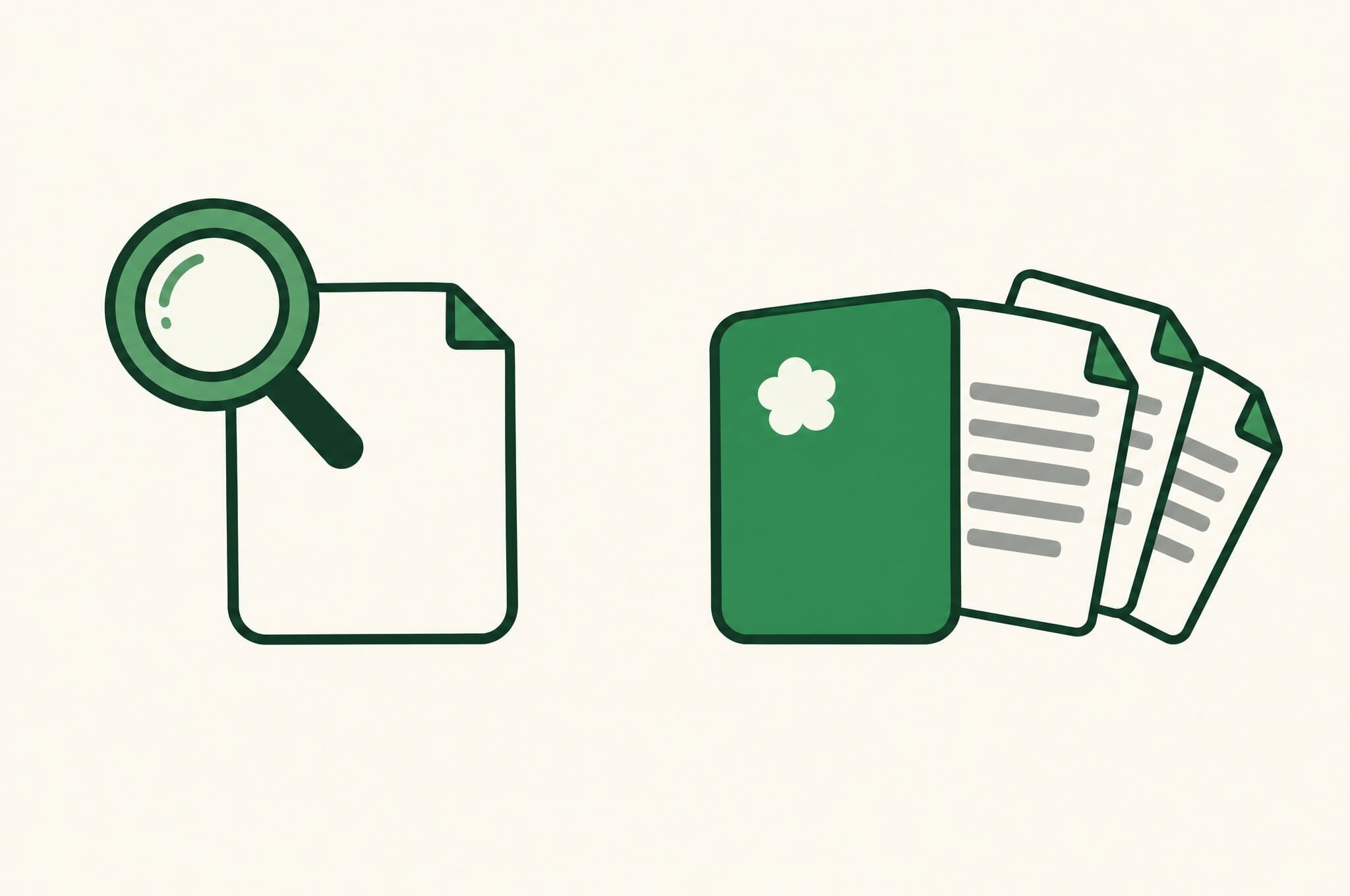 A flat illustration of a magnifying glass over a blank page beside a card marked with the Revnu clover turning out finished written pages.