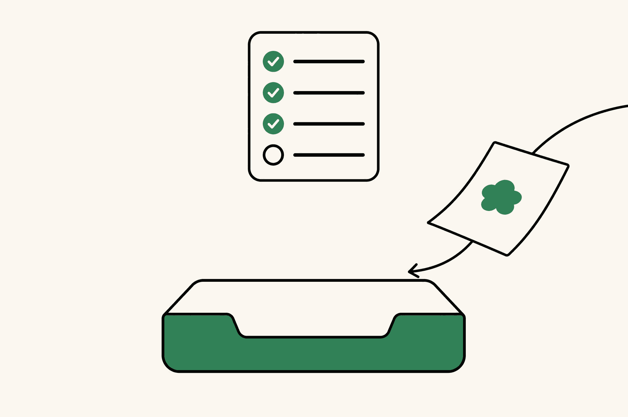 A flat illustration of a grading rubric card hovering over an empty document tray, with a clover-marked page arriving into the tray from the right to be graded.