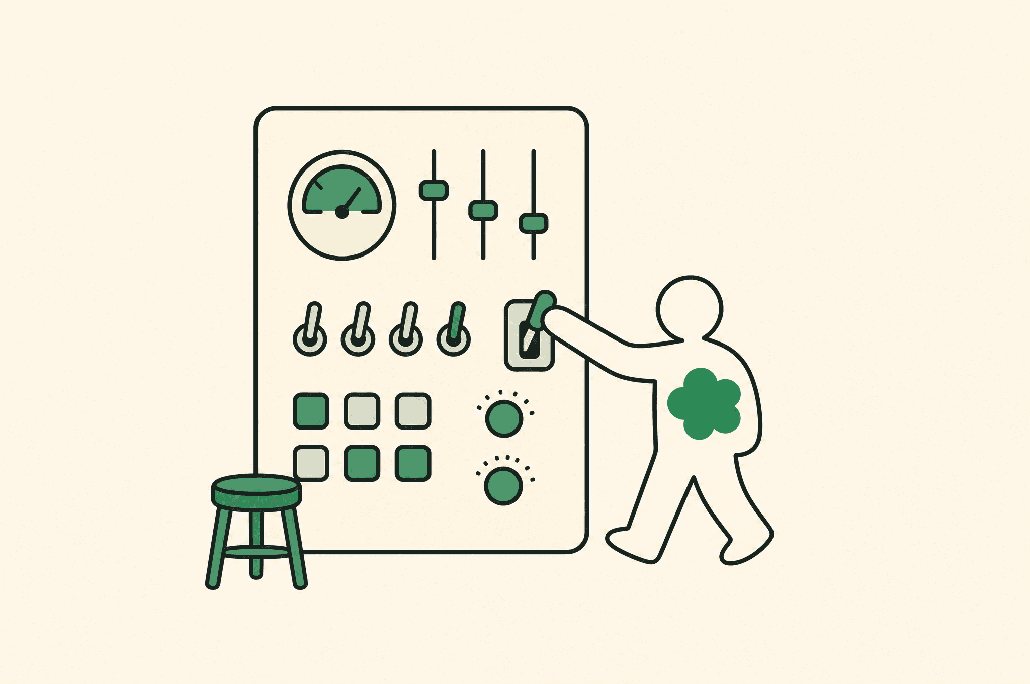 A flat illustration of a large control panel covered in dials, sliders, and switches standing unattended beside an empty stool, with a figure marked by the Revnu clover reaching in from the right to pull one lever.