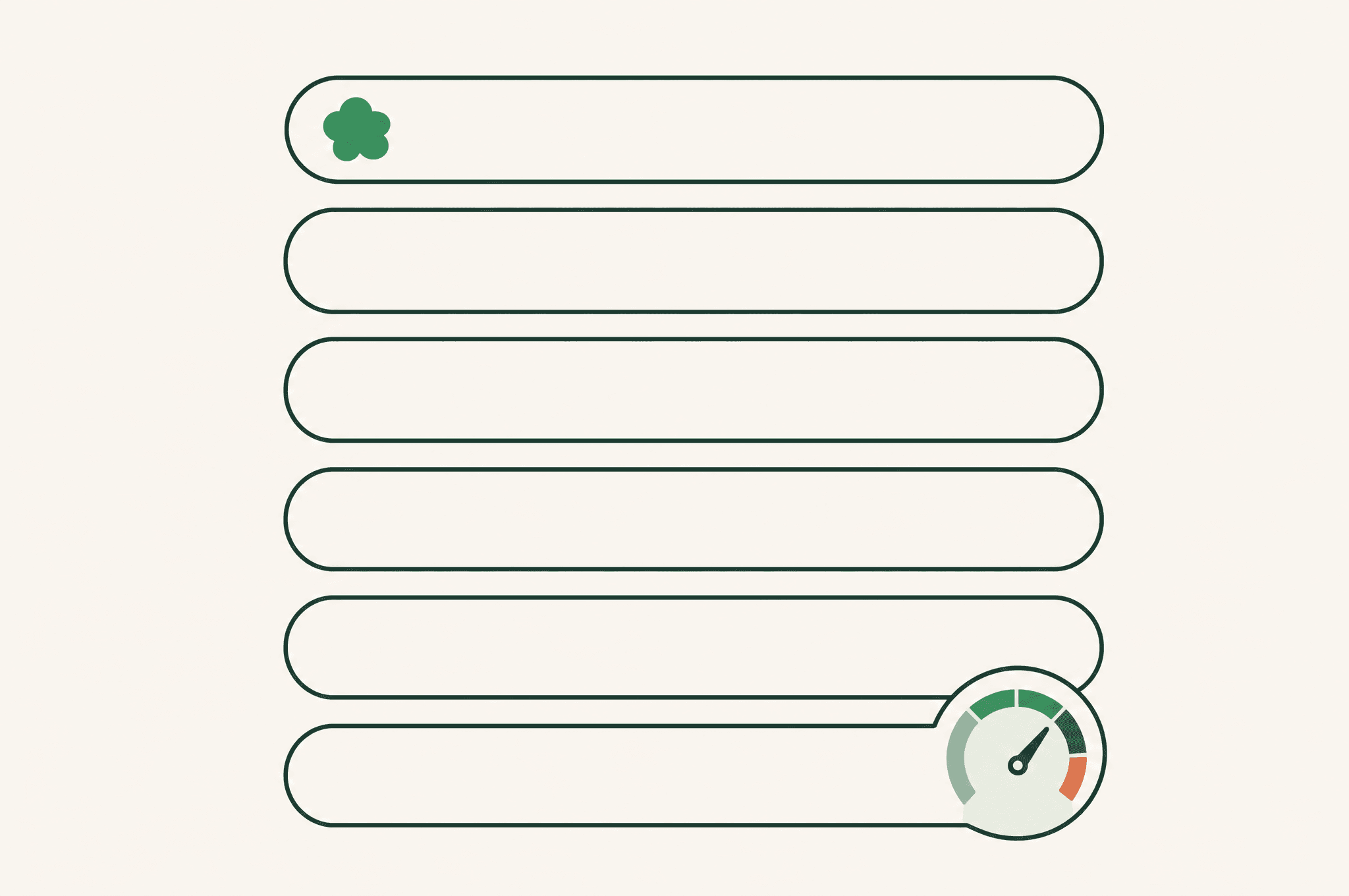 A flat illustration of a vertical stack of six search-result bars: the top bar carries the Revnu clover, while the bottom bar has a large score dial attached reading high.