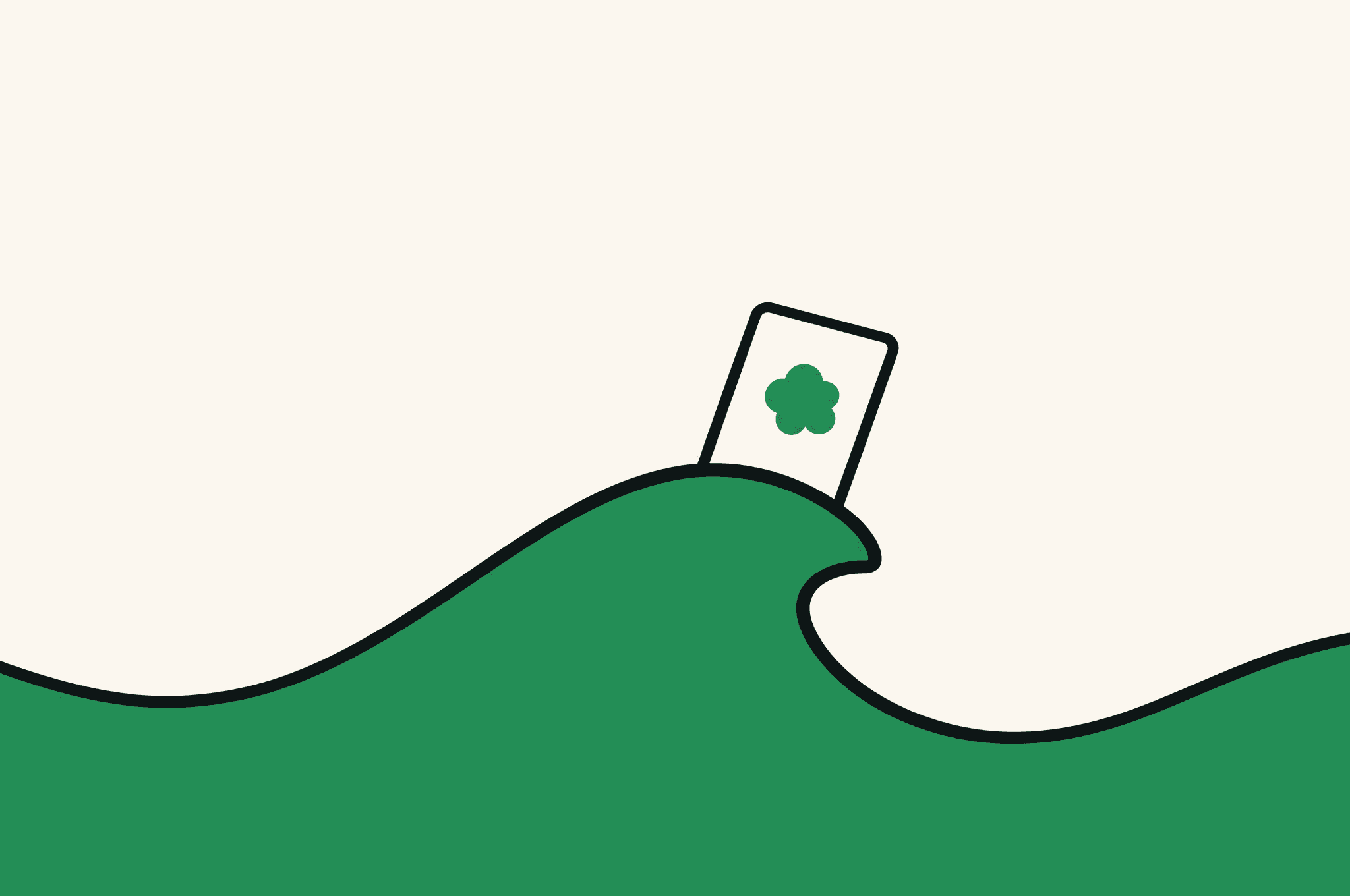 A flat illustration of one thick wave curve rolling across the lower half of the frame, with a rectangular page card carrying the Revnu clover riding its crest like a surfboard under a calm, empty sky.