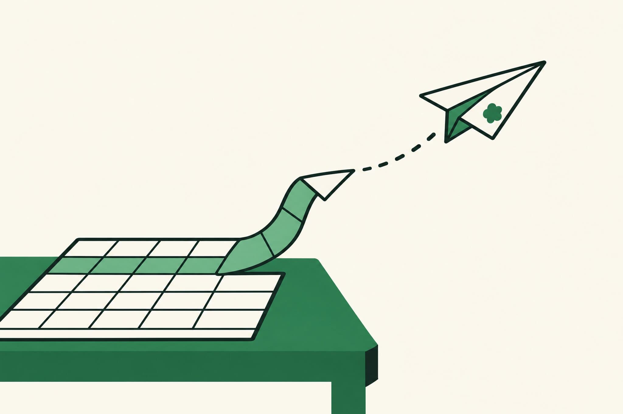 A flat illustration of a spreadsheet grid on a workbench, one finished row lifting off the grid and turning into a paper plane marked with the Revnu clover.