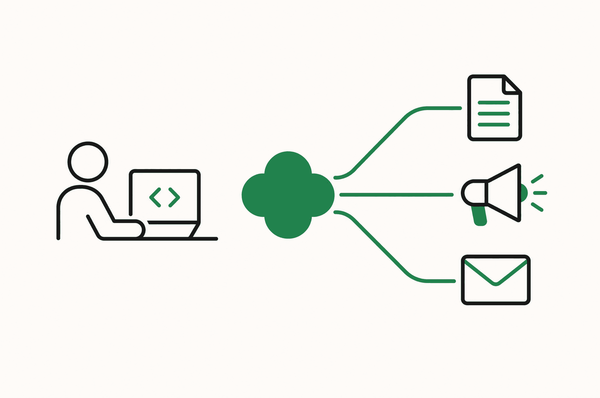 A flat illustration of a technical founder at a keyboard with the Revnu clover handling the SEO, outbound, and ads lanes beside him.