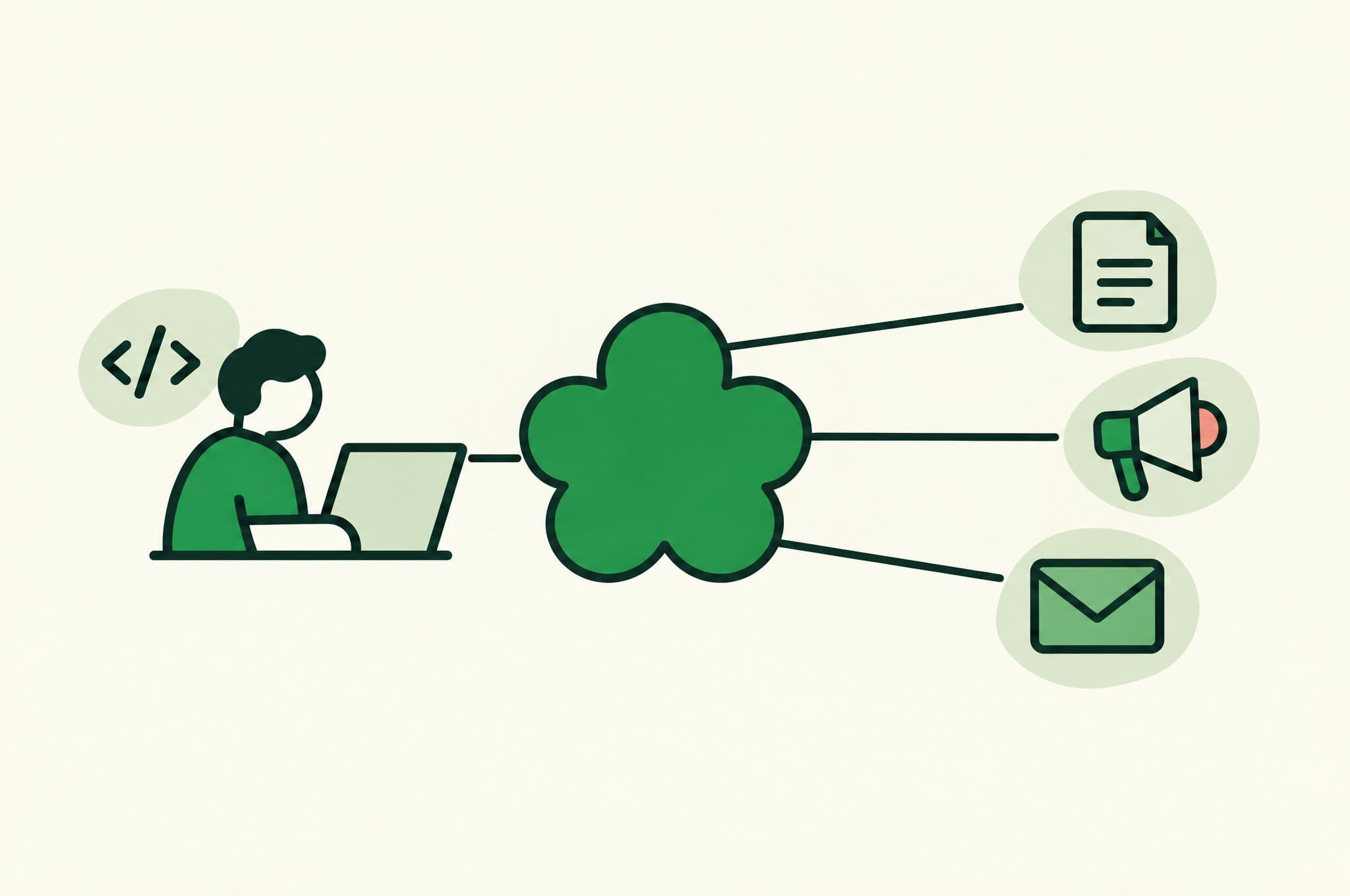 A flat illustration of a developer at a laptop connected through the Revnu clover to content, ads and email.