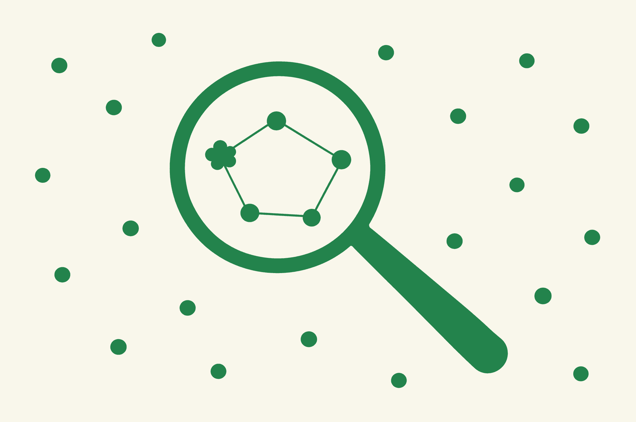 A flat illustration of a magnifying glass over scattered dots, where only the dots inside the lens join into a small constellation that includes the Revnu clover.