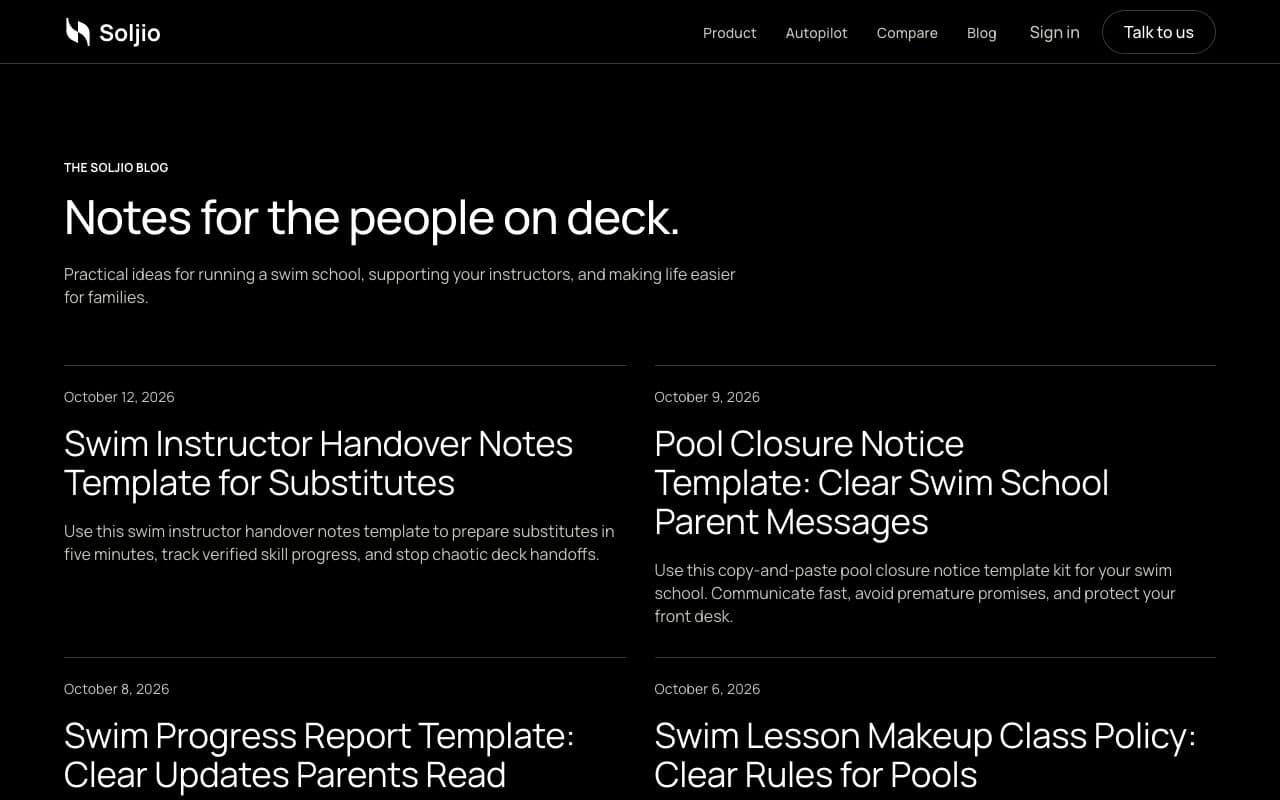 The Soljio blog, with guides on substitute handover notes, pool closure notices and make-up class policies
