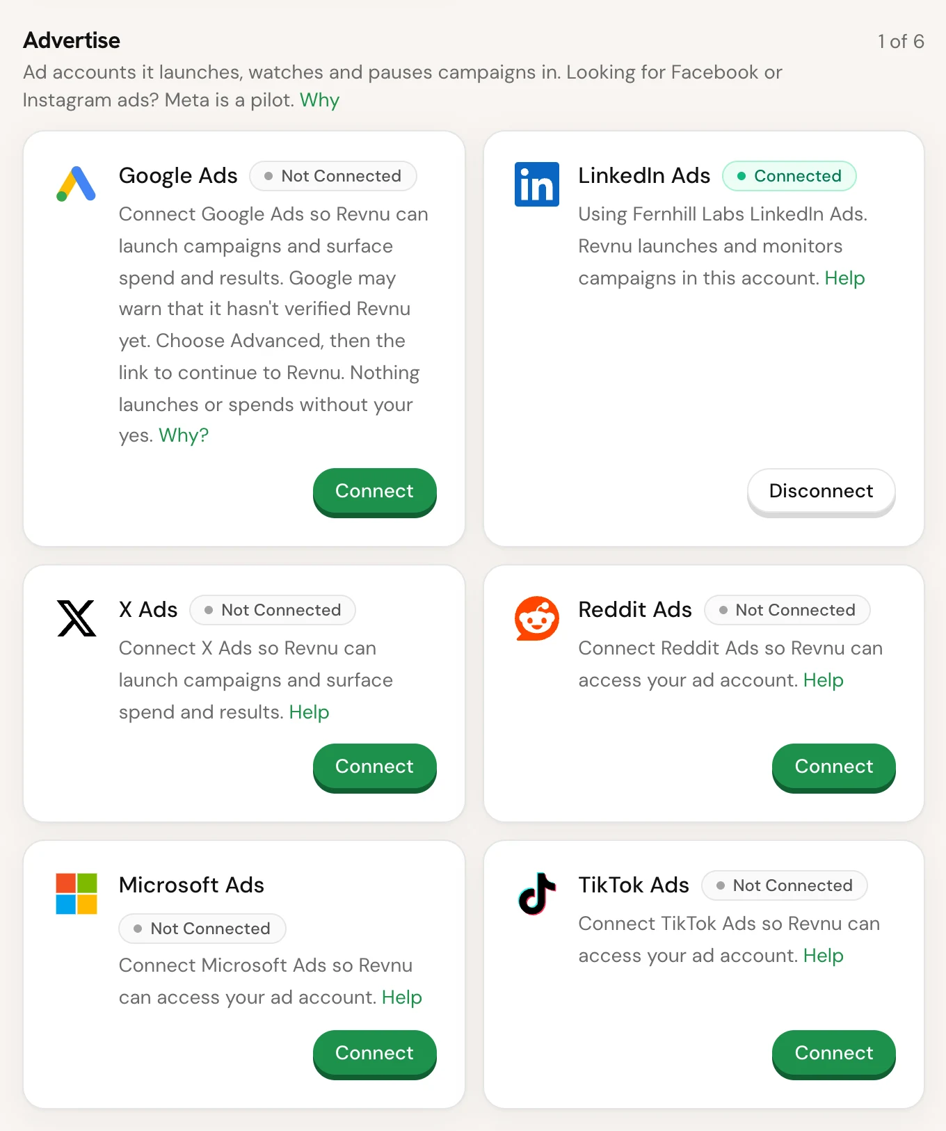 The Advertise section of Connections, with a row for each ad platform; LinkedIn Ads shows as connected with a Disconnect button