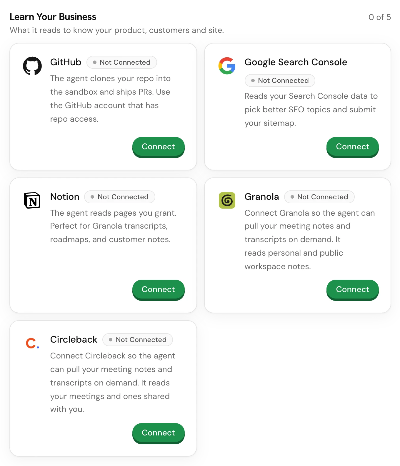 Connections, Learn Your Business group, with Google Search Console second in the list and its Connect button