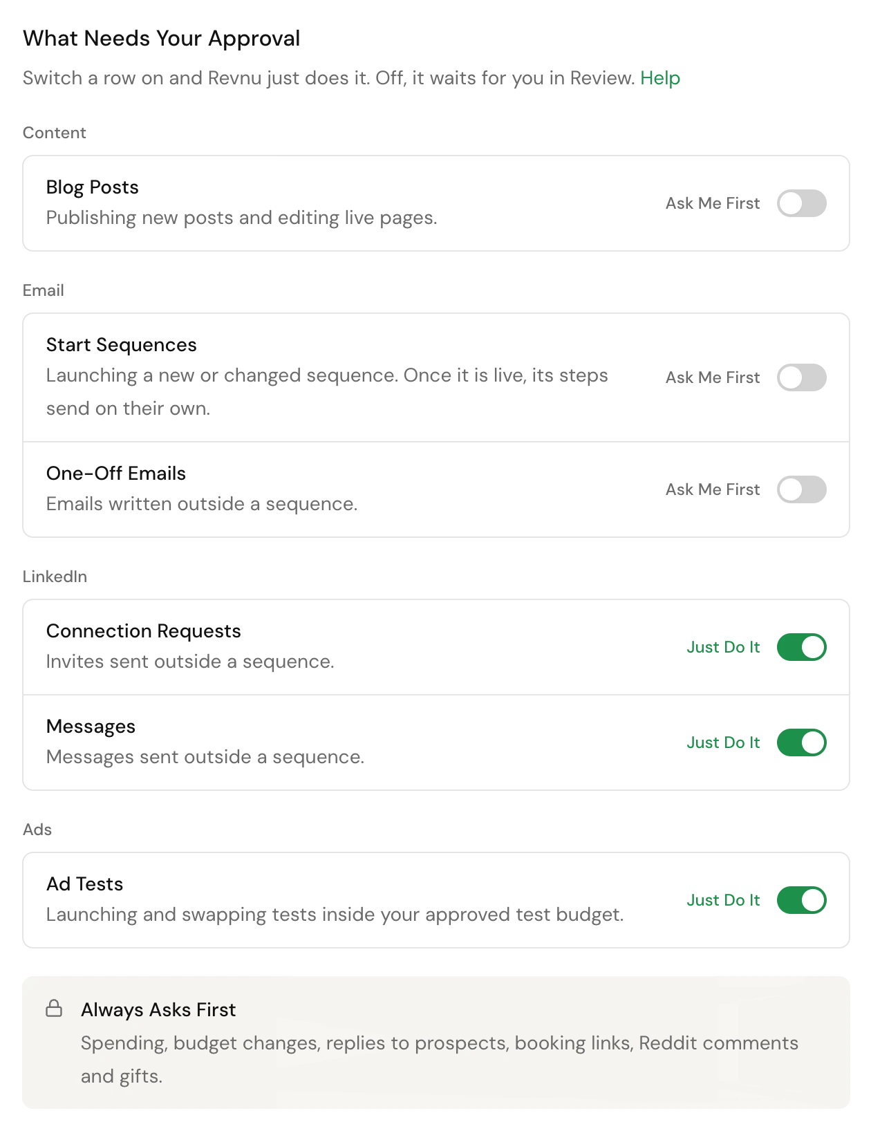 The Agent tab of Settings, What Needs Your Approval, with a row for each kind of work and the Always Asks First box at the bottom