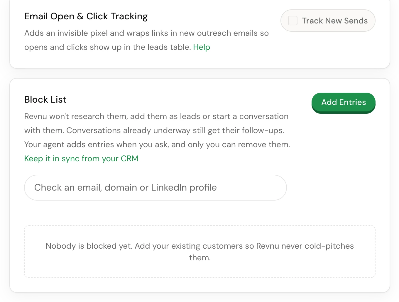 The Email Open &amp; Click Tracking card in Settings, with the Track New Sends box on the right